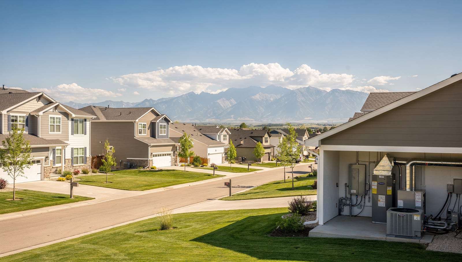 A bright Front Range neighborhood of homes under a clear Colorado sky