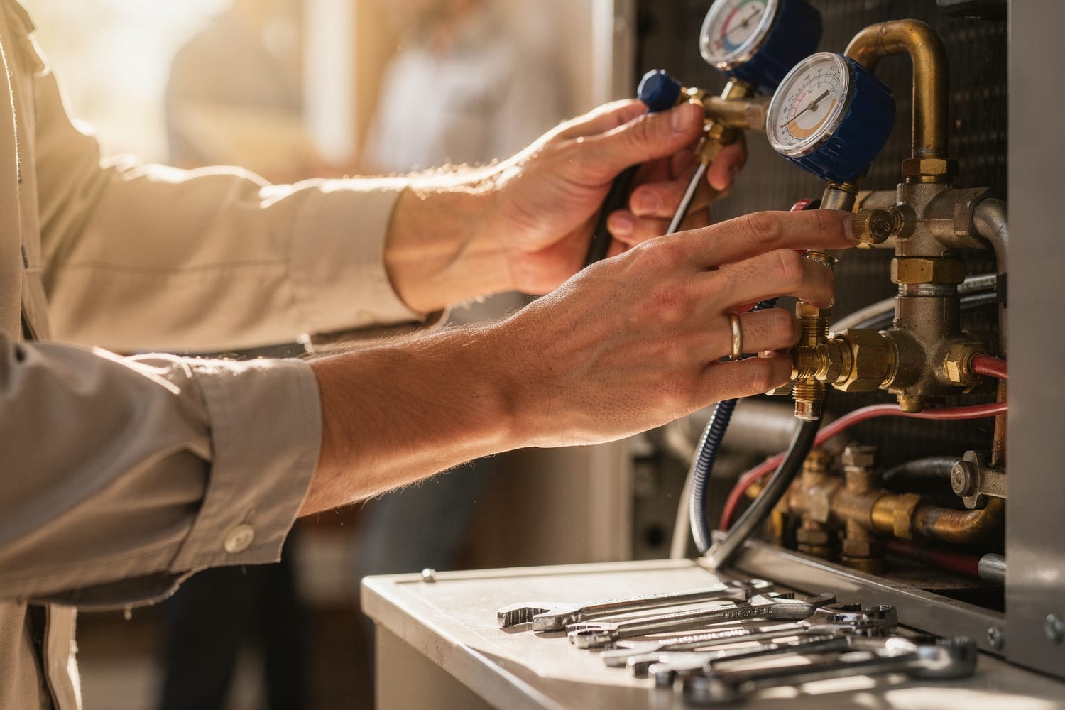A technician checking an HVAC system with manifold gauges, tools laid out