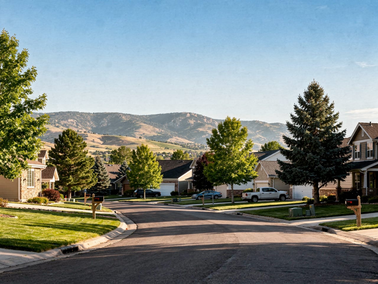 A quiet Parker, Colorado residential street with the Front Range foothills in the distance on a clear day